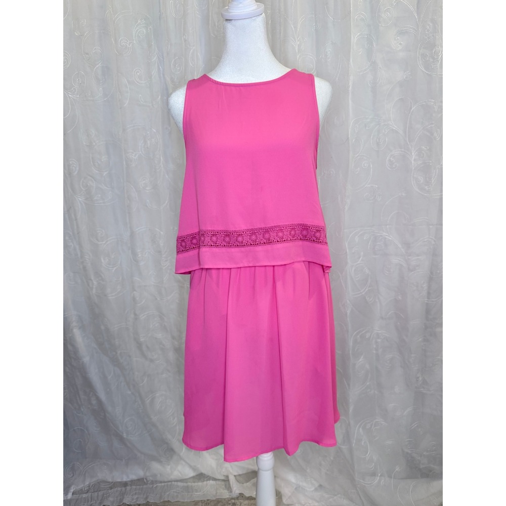 Decree Hot Pink Popover Dress Sleeveless Crochet Lace Trim Mini Barbiecore Med